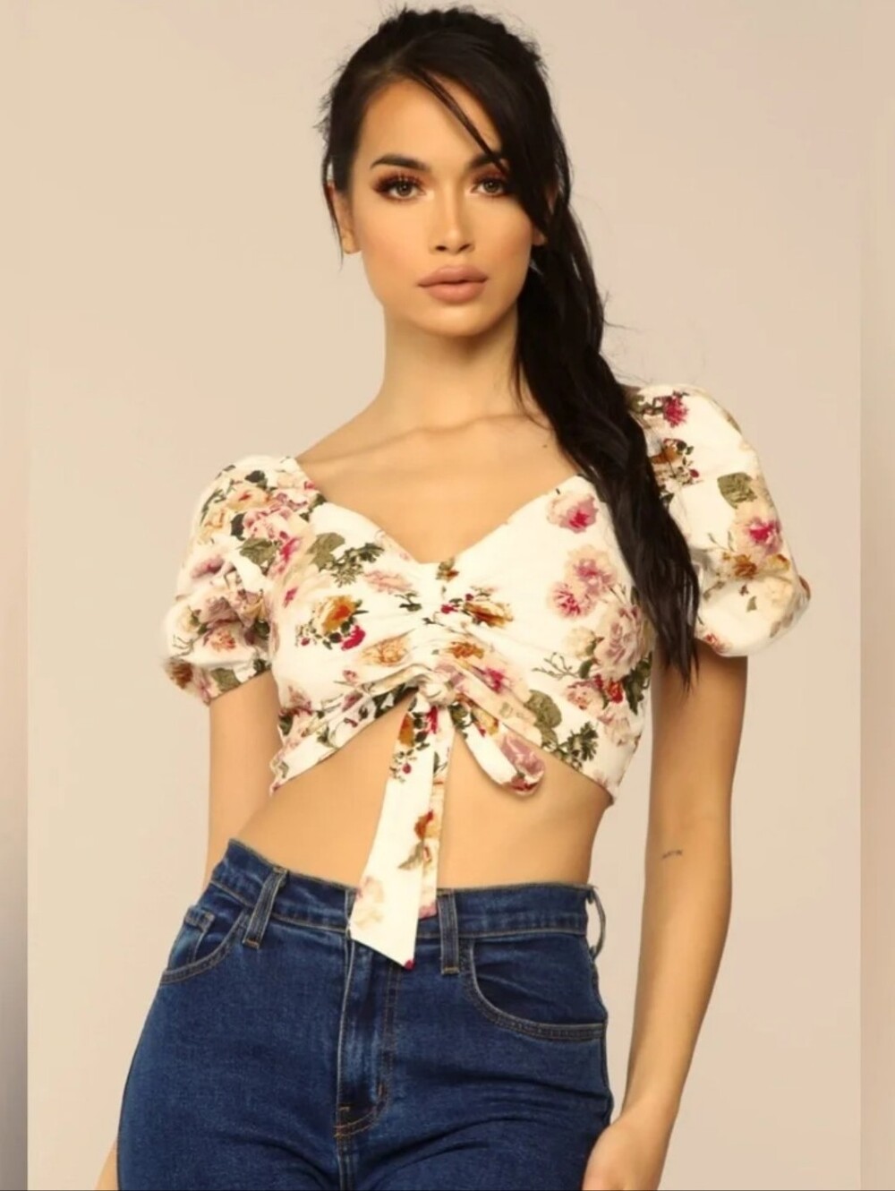 Mind Code Floral Tie-Front Top Puff Sleeve Cropped Shirt Size Small Boho Pretty